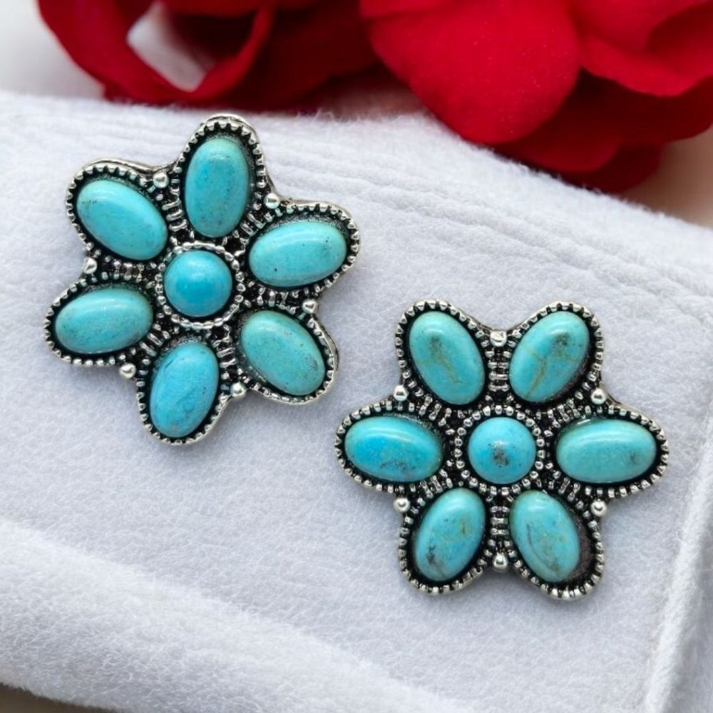 Flower Turquoise Earrings Boho-Chic Tribal Western Pierced Post Women's Jewelry